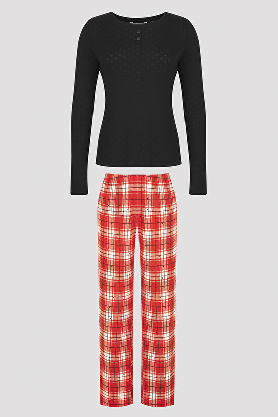 Çok Renkli Ekoseli Termal Pijama Takımı - 8