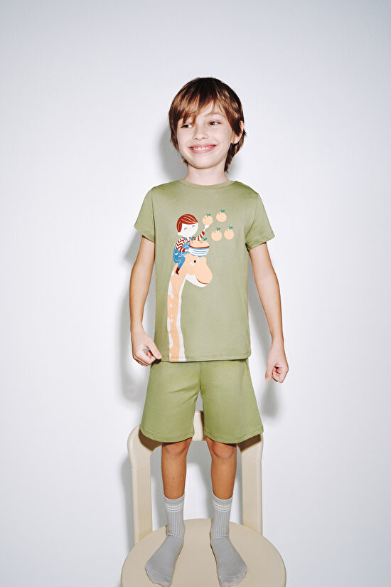 Haki Erkek Çocuk Dino in The Field 2'li Pijama Takımı - 1