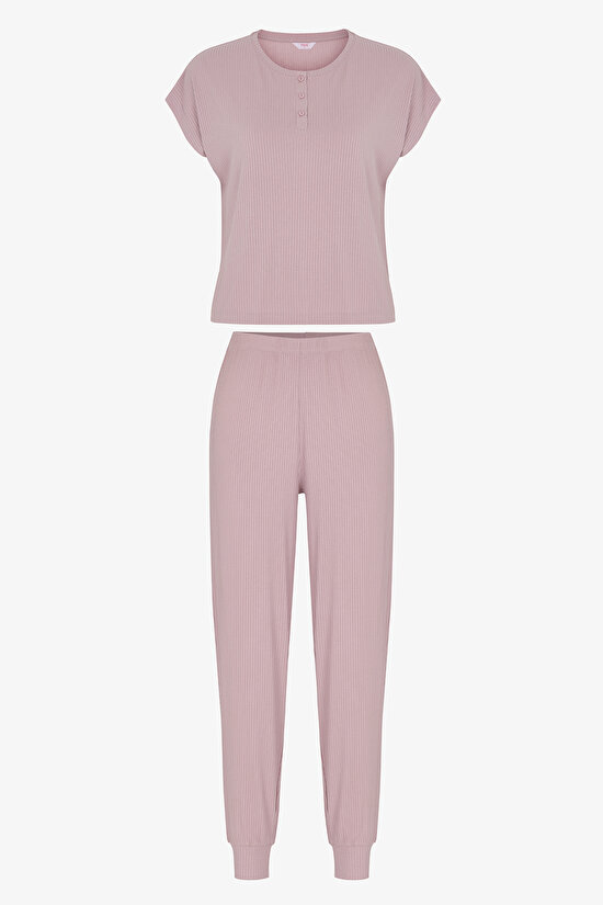 Lila Midnight Fitilli Pantolon Kısa Kollu Pijama Takımı - 1