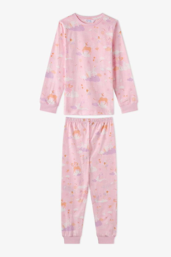 Kız Çocuk Pembe Fly Repeat Pamuklu Uzun Kollu Pijama Takımı - 1