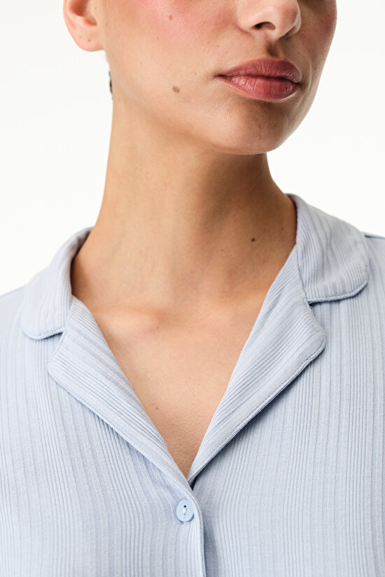 Blue Emily Ribbed Shirt & Pants Pajama Set - 4