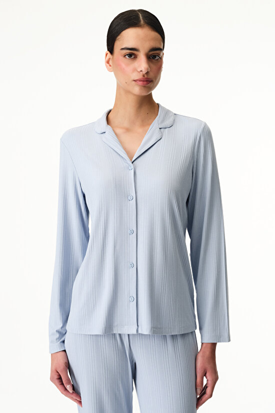 Blue Emily Ribbed Shirt & Pants Pajama Set - 5