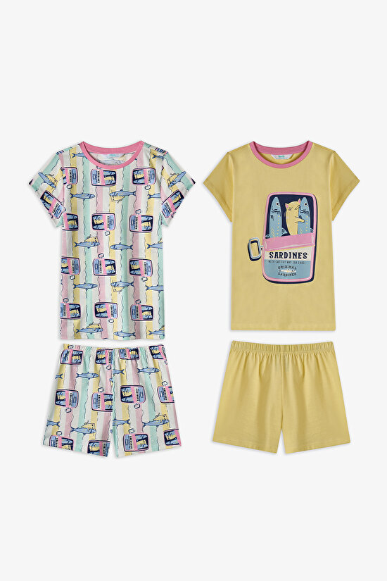 Pastel Yellow Girls Sardines Cat 2in1 Pajama Set - 1