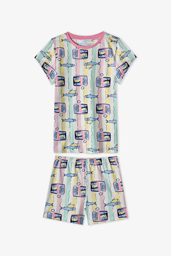 Pastel Yellow Girls Sardines Cat 2in1 Pajama Set - 2