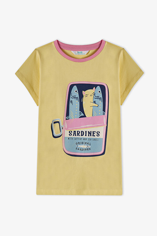 Pastel Yellow Girls Sardines Cat 2in1 Pajama Set - 6
