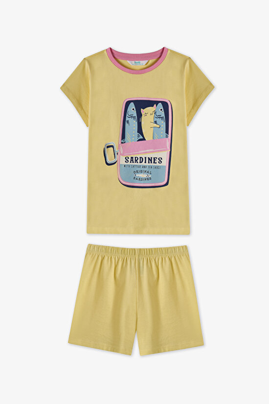 Pastel Yellow Girls Sardines Cat 2in1 Pajama Set - 12