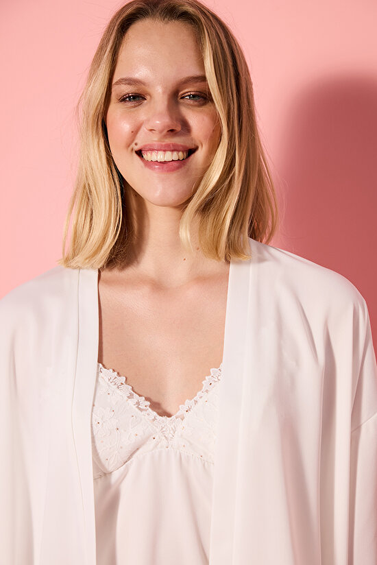 Bridal Elegant Saten Kırık Beyaz Sabahlık - 3