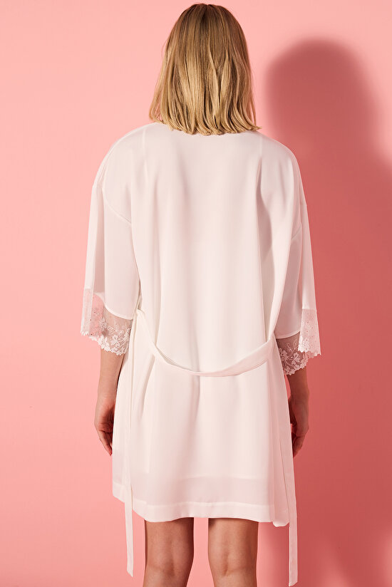 Bridal Elegant Saten Kırık Beyaz Sabahlık - 5