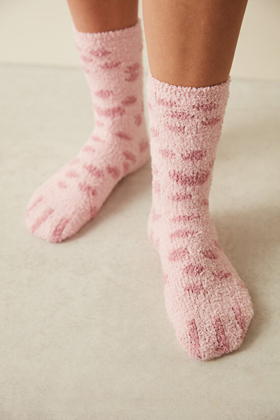 Pembe Leopar Desenli Pembe Soket Çorap - 1