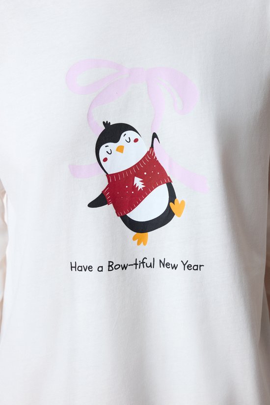 Ekru Cute Penguin Penguen Desenli Pamuklu Uzun Kollu Pantolon Pijama Takımı - 3
