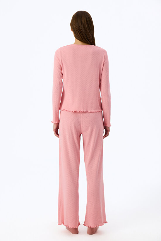 Pembe Dusty Rose Pointel Slogan Desenli Kısa Kollu Tişört Pijama Üstü - 2