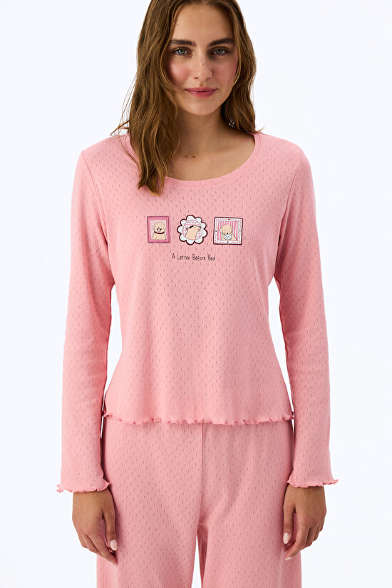Pembe Dusty Rose Pointel Slogan Desenli Kısa Kollu Tişört Pijama Üstü - 3