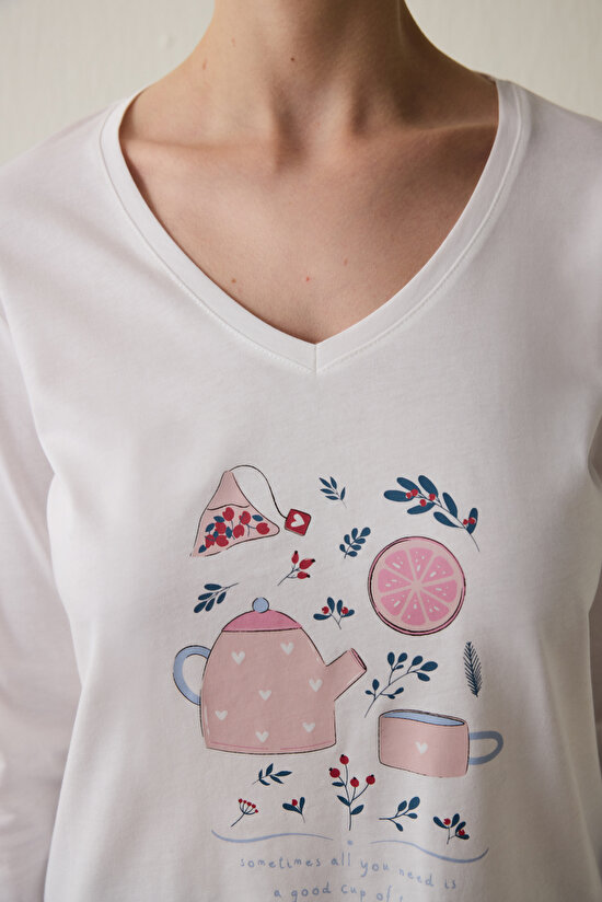 Cup of Tea Patterned V-Neck Long Sleeve Pajama Set Cup of Tea Patterned V-Neck Long Sleeve Pajama Set - 3
