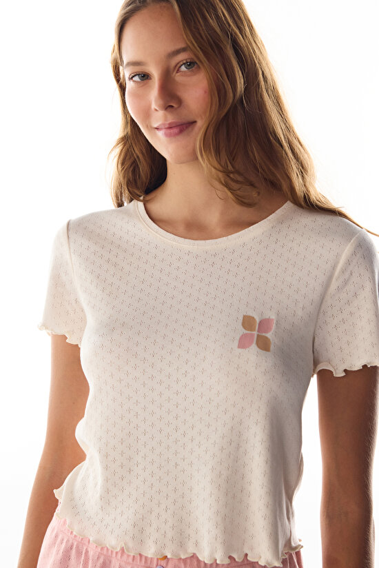 Ecru Sleep Mode Pointel Short Sleeve Pyjama T-Shirt - 3