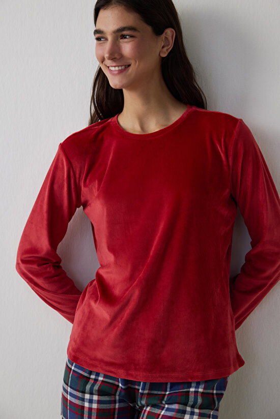 Kırmızı Comfy Time Bisiklet Yaka Ekoseli Pijama Takımı - 2