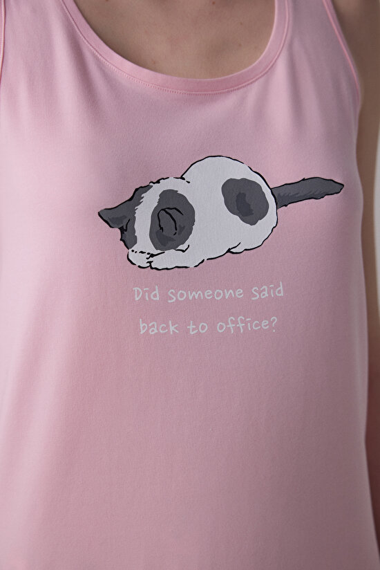 Kedi Desenli Sleepy Bisiklet Yaka Askılı Pamuklu Pijama Takımı - 3