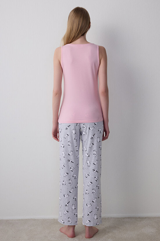 Kedi Desenli Sleepy Bisiklet Yaka Askılı Pamuklu Pijama Takımı - 4