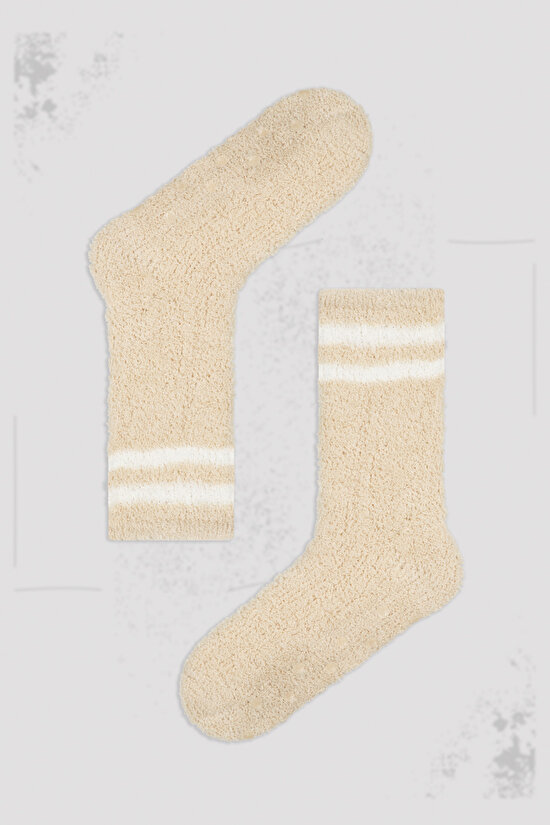 Bej Şerit Detaylı Soket Çorap - 1