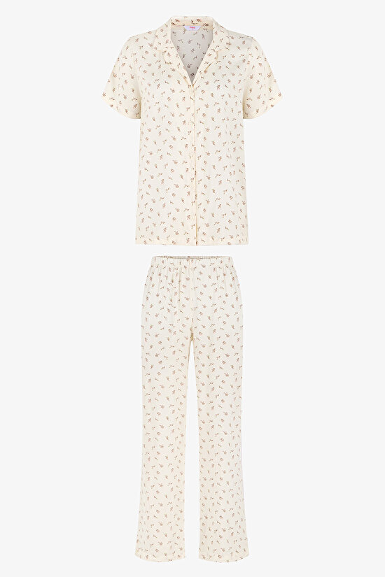 Multi Color White Bouquet Shirt Pant PJ Set - 1