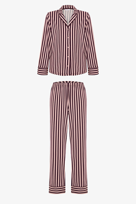 Pink Maroon Oversize Shirt Collar Cotton Pajama Set - 7