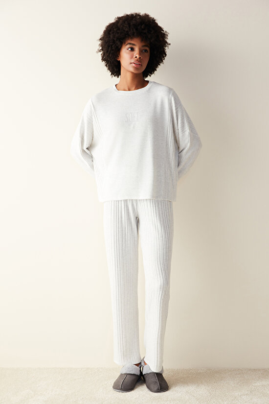 Soft Touch Gri Uzun Kollu Pantolon Pijama Takımı - 1