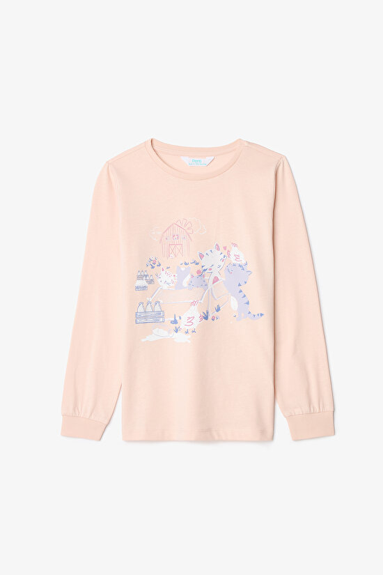 Kız Çocuk Meowdy Kedi Desenli Pamuklu 2'li Uzun Kollu Pijama Takımı - 3