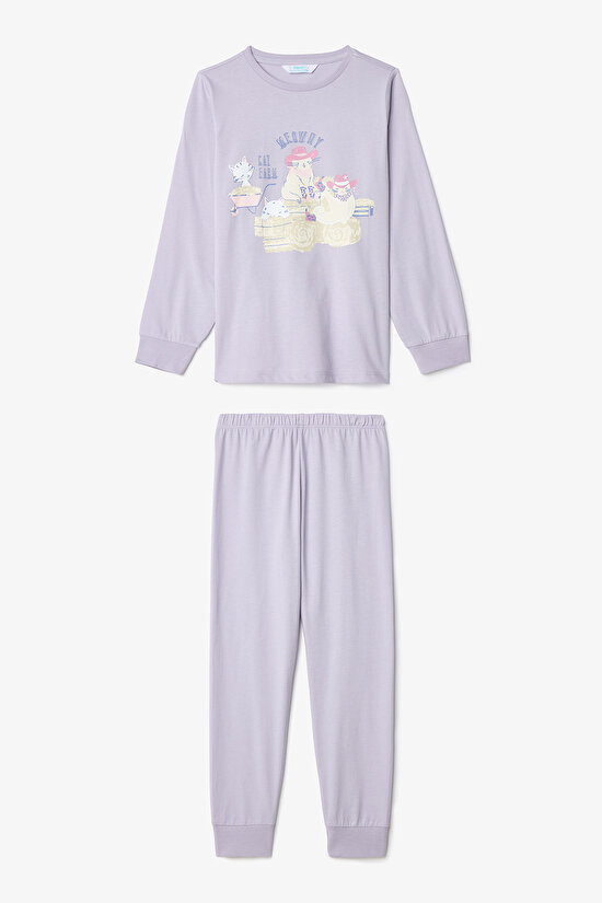 Kız Çocuk Meowdy Kedi Desenli Pamuklu 2'li Uzun Kollu Pijama Takımı - 5
