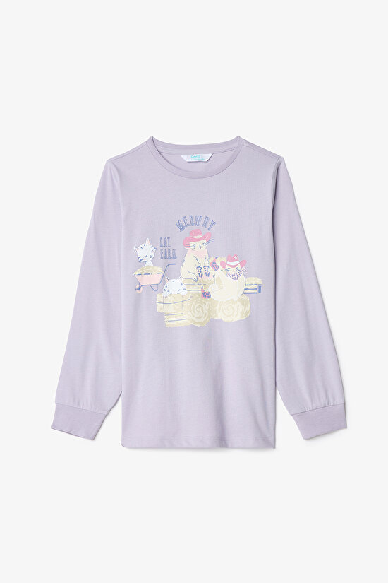 Kız Çocuk Meowdy Kedi Desenli Pamuklu 2'li Uzun Kollu Pijama Takımı - 6