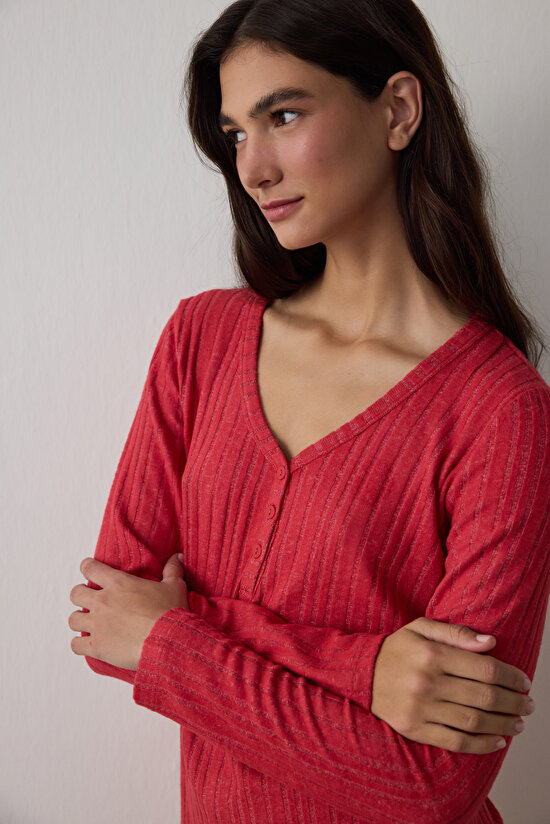 Kırmızı Cozy Time Ekoseli V Yaka Pijama Takımı - 3