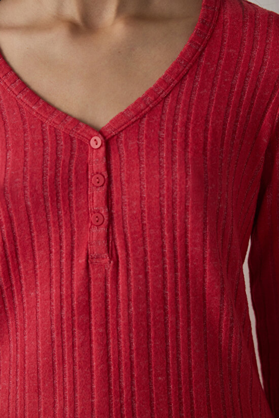 Kırmızı Cozy Time Ekoseli V Yaka Pijama Takımı - 4