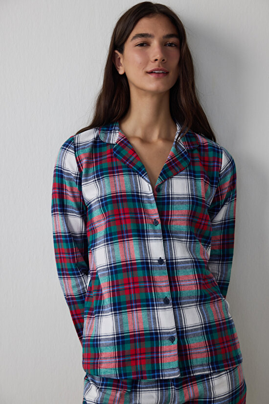 Yeşil Ekoseli Gömlek Yaka Uzun Kollu Pamuklu Pijama Takımı - 2