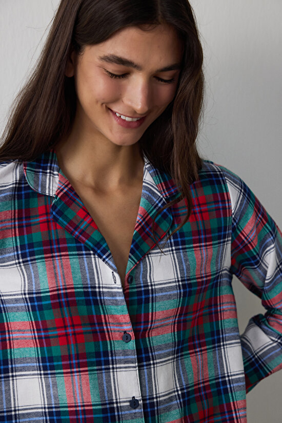 Yeşil Ekoseli Gömlek Yaka Uzun Kollu Pamuklu Pijama Takımı - 3