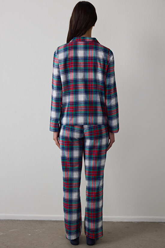 Yeşil Ekoseli Gömlek Yaka Uzun Kollu Pamuklu Pijama Takımı - 4