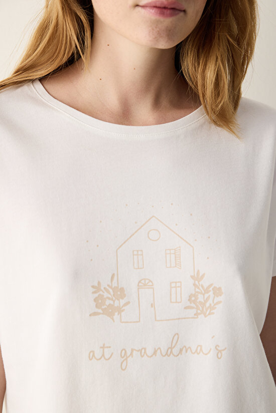 Pamuklu Floral Kırık Beyaz Tişört Pijama Üstü - 3