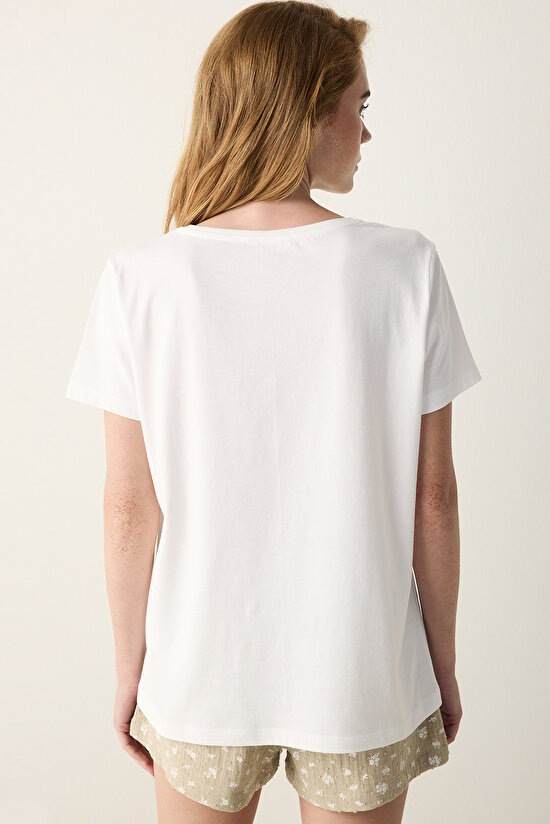 Pamuklu Floral Kırık Beyaz Tişört Pijama Üstü - 4