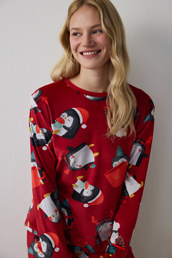 Kırmızı Penguen Desenli Bisiklet Yaka Pijama Takımı - 3
