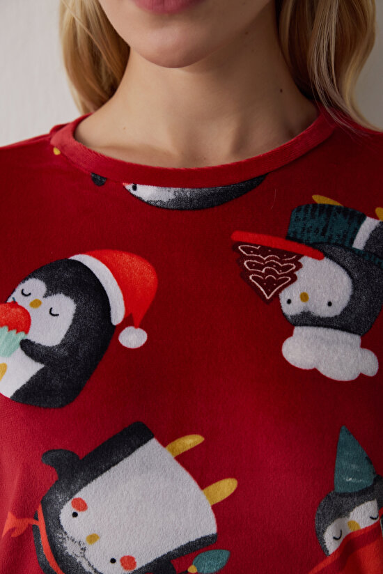Kırmızı Penguen Desenli Bisiklet Yaka Pijama Takımı - 4