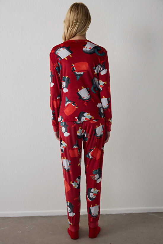 Kırmızı Penguen Desenli Bisiklet Yaka Pijama Takımı - 5