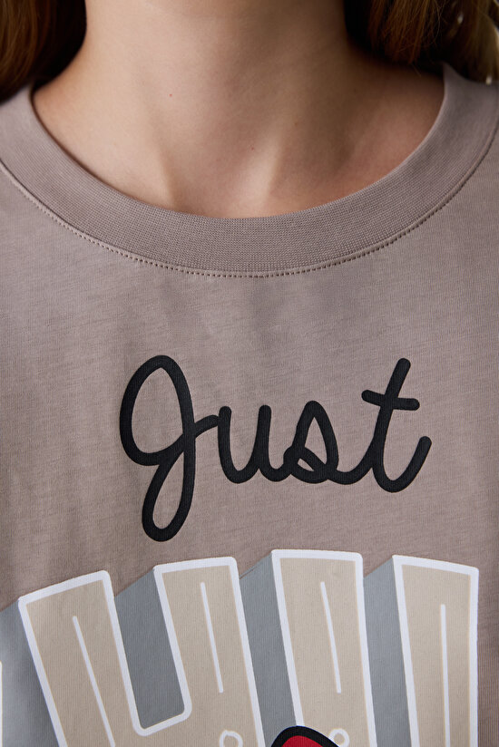 Koyu Bej Just Chill Mickey Mouse Baskılı Pamuklu Uzun Kollu Gecelik - 3