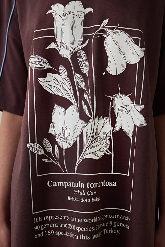 Kahverengi Çiçekli Bisiklet Yaka Kısa Kollu Pamuklu Çan Gecelik - Inspired by Flora - 4