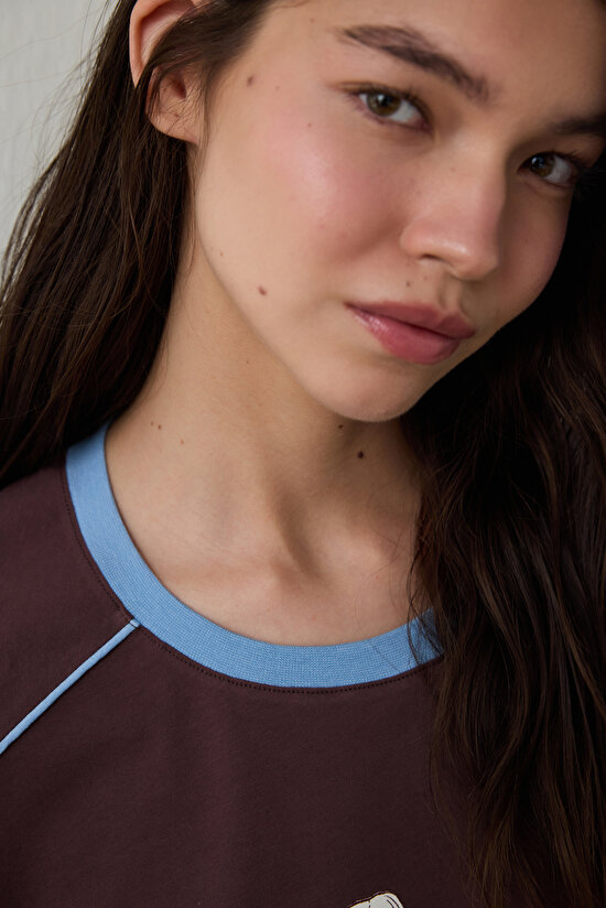 Kahverengi Çiçekli Bisiklet Yaka Kısa Kollu Pamuklu Çan Gecelik - Inspired by Flora - 5