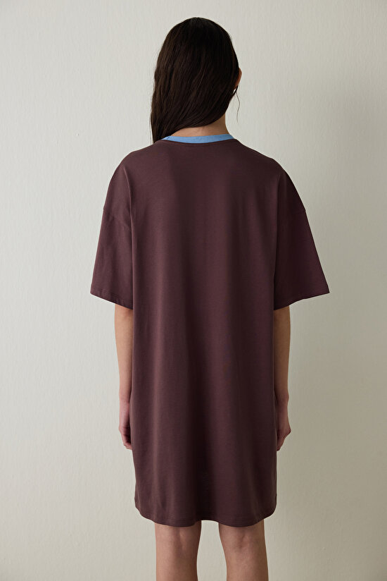 Kahverengi Çiçekli Bisiklet Yaka Kısa Kollu Pamuklu Çan Gecelik - Inspired by Flora - 6