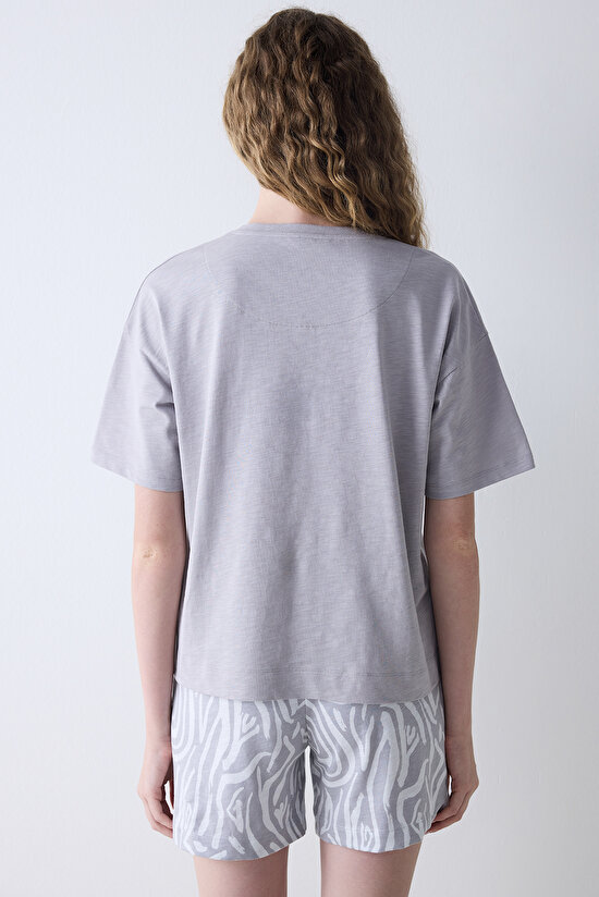 Pamuklu Chloe Solid Gri Tişört Pijama Üstü - 4