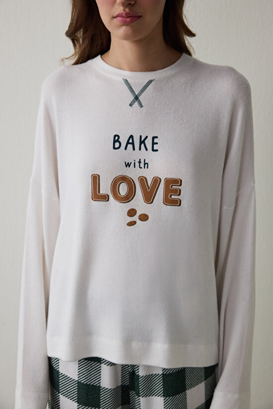 Kırık Beyaz With Love Slogan Baskılı Termal Etkisi Sweatshirt Pijama Üstü - 2