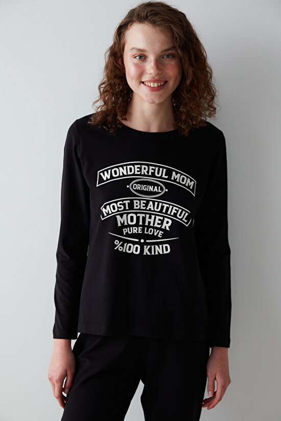 Wonderful Mom Slogan Baskılı Siyah Pijama Takımı - 2