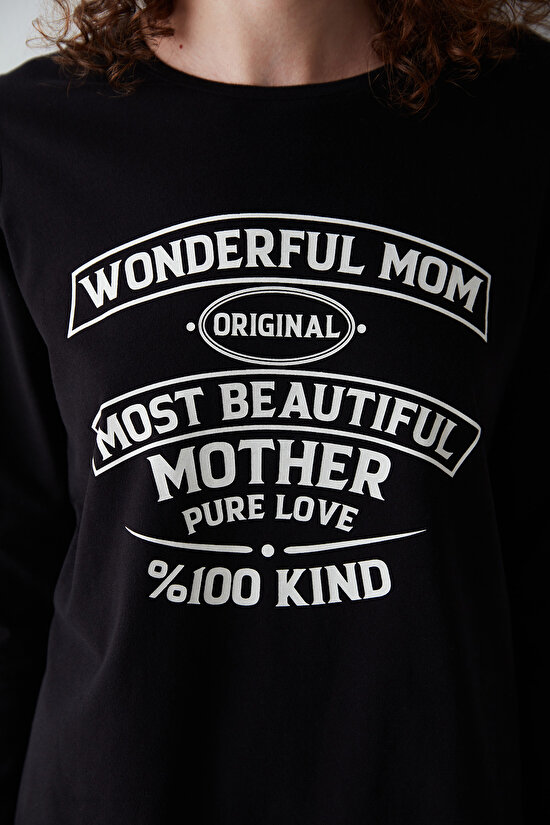 Wonderful Mom Slogan Baskılı Siyah Pijama Takımı - 4