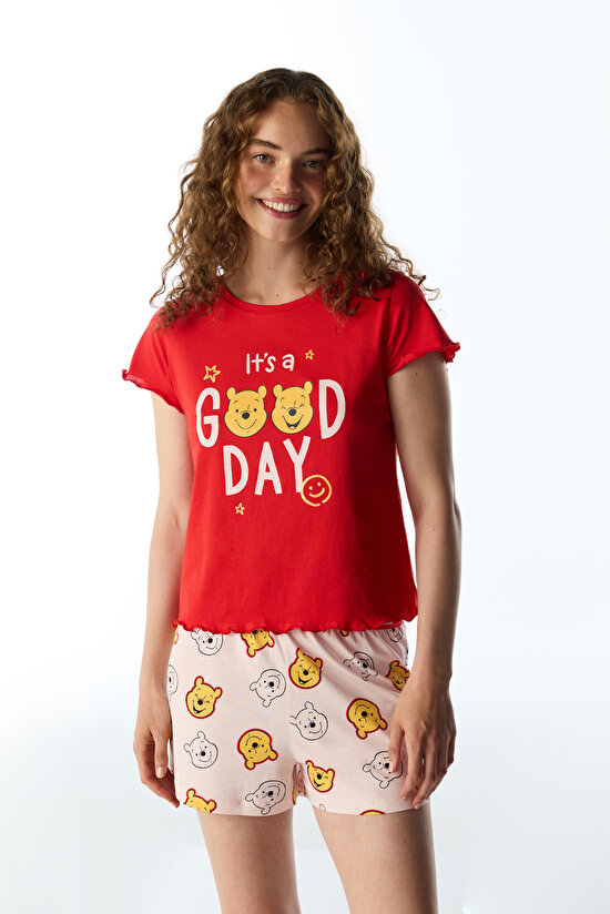 Kırmızı Good Day Ayı Desenli Kısa Kollu Şort Pijama Takımı - 1