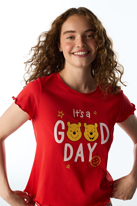Kırmızı Good Day Ayı Desenli Kısa Kollu Şort Pijama Takımı - 3