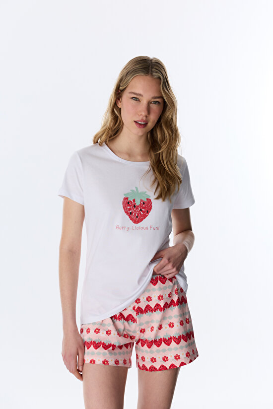 Optik Beyaz Berry-Licious Şortlu Pijama Takımı - 1