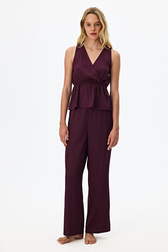 Bordo Aurora Dark Saten Çiçekli Atlet Pijama Üstü - 1